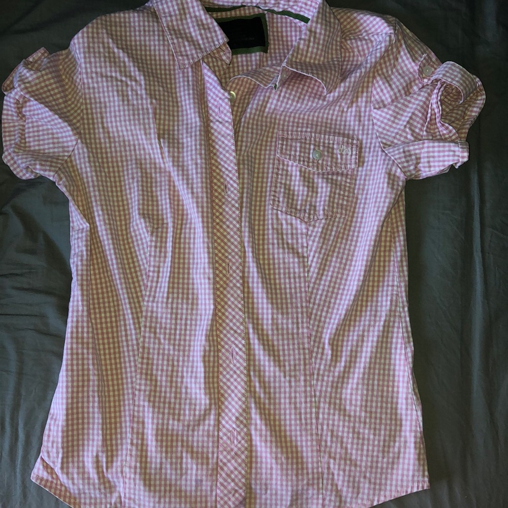pink and white plaid button up
